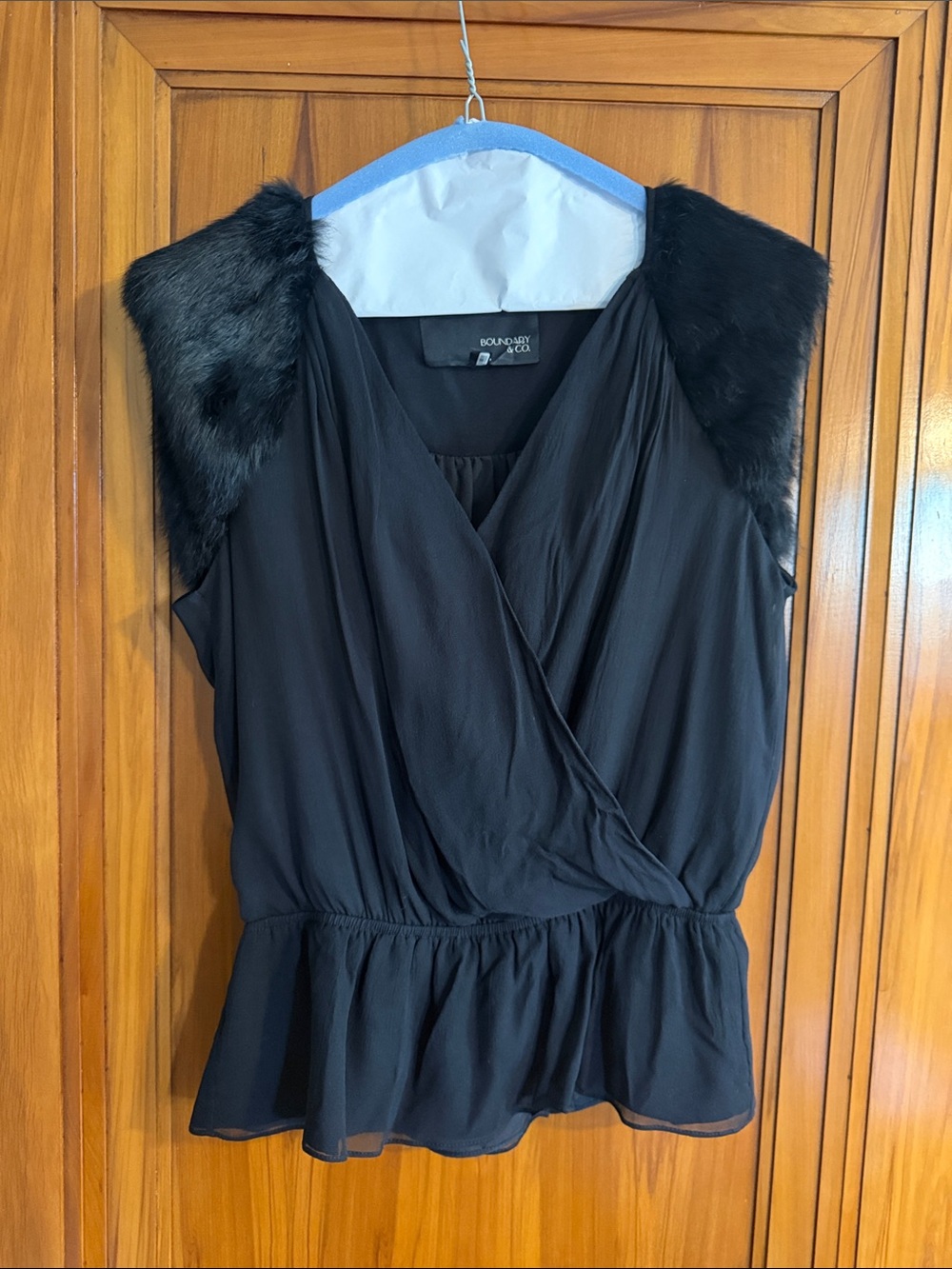 Black Faux-Fur Trim Sleeveless Wrap Top